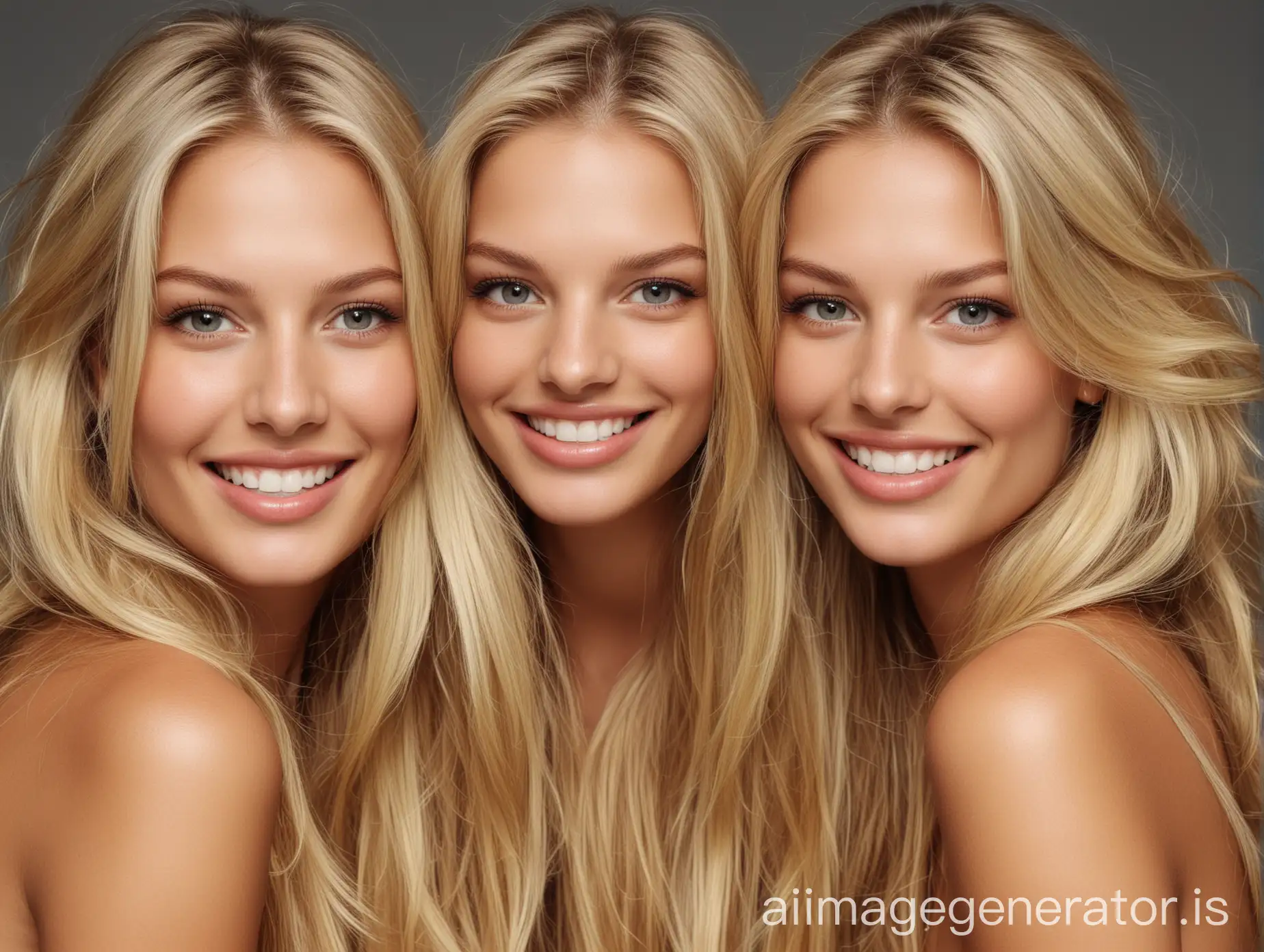 2 women, twins, blonde, beautiful face, supermodel, happy, smiling, long hair, thick hair