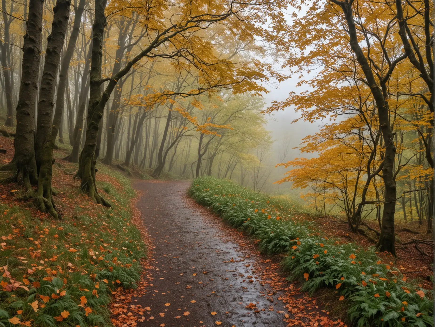 Couple-Walking-Along-a-Rainy-Hill-Path-with-Maple-Leaves