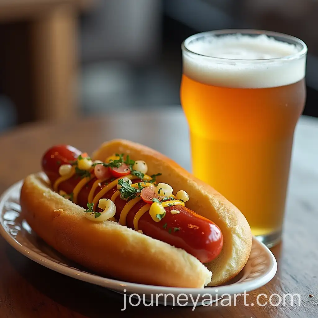 Hot-Dog-with-Potatoes-and-Beer-Next-to-a-Cold-FrostyAI-Image-Prompt-Expansion-Beverage