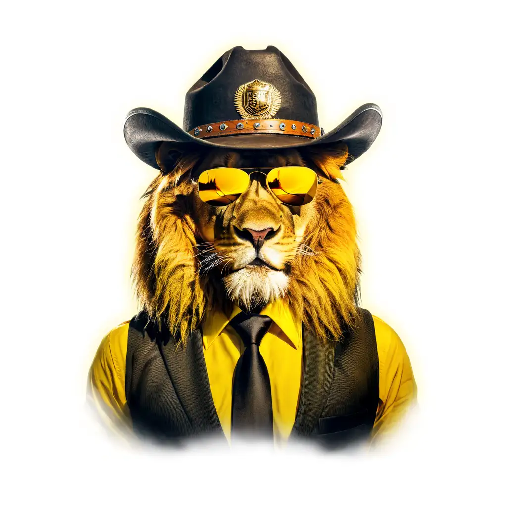 Yellow Lion Boss in Business Attire with Aviator Sunglasses and Cowboy Hat