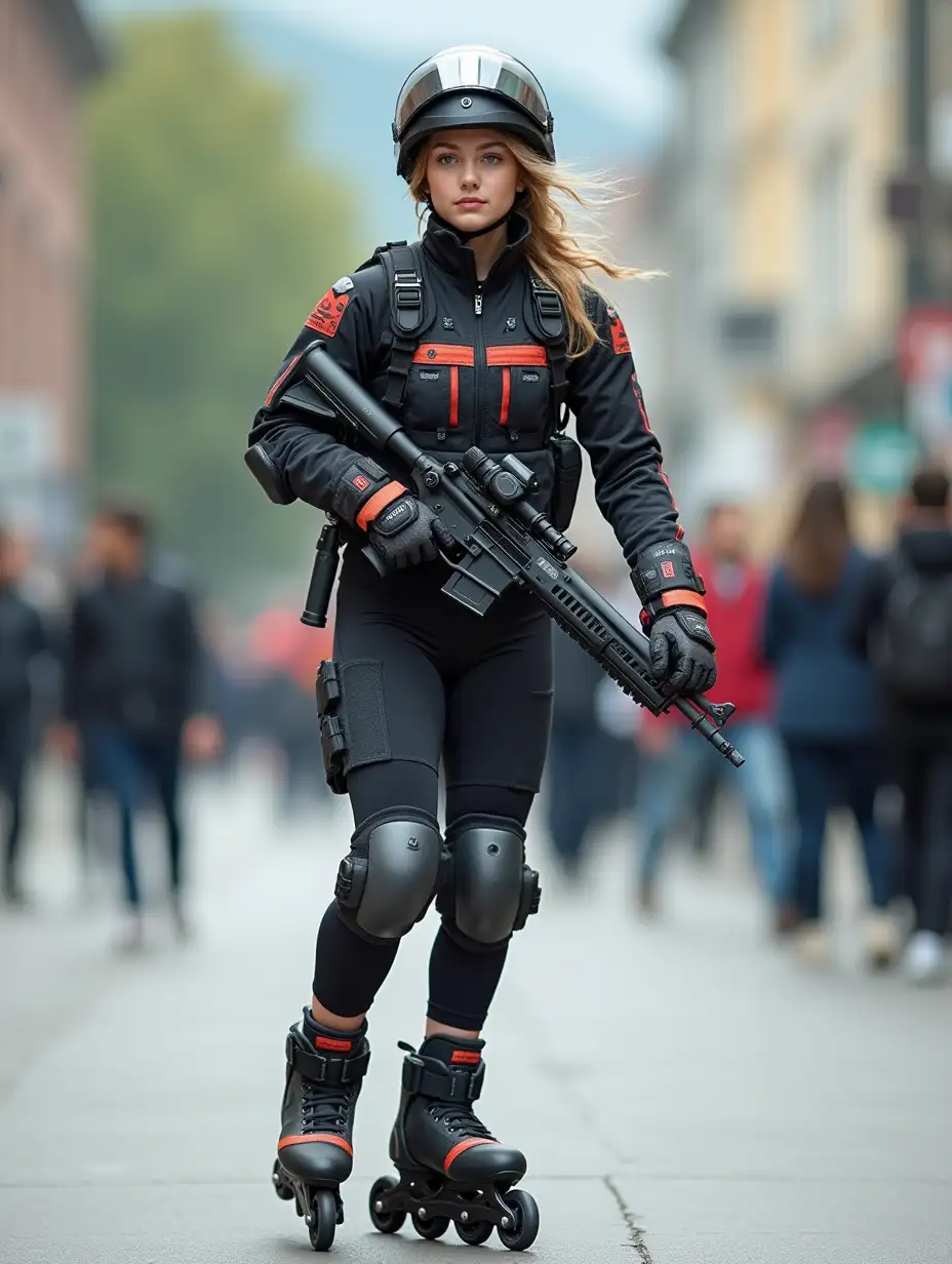 a 17 year old airsoft geared woman at a distance, she is skating on a street, holding a weapon, ordinary people in background, clothes have racing colors, she is wearing lots of functional sportswear, cycling gloves, airsoft helmet with transparent visor over eyes, smartwatch, thick plastic knee pads, modern inline skates with complete organized wheels