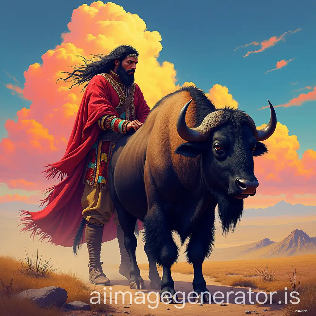 PsyTrance-Techno-Album-Cover-Featuring-Mongolian-Traveler-and-Buffalo-in-Bright-Colors