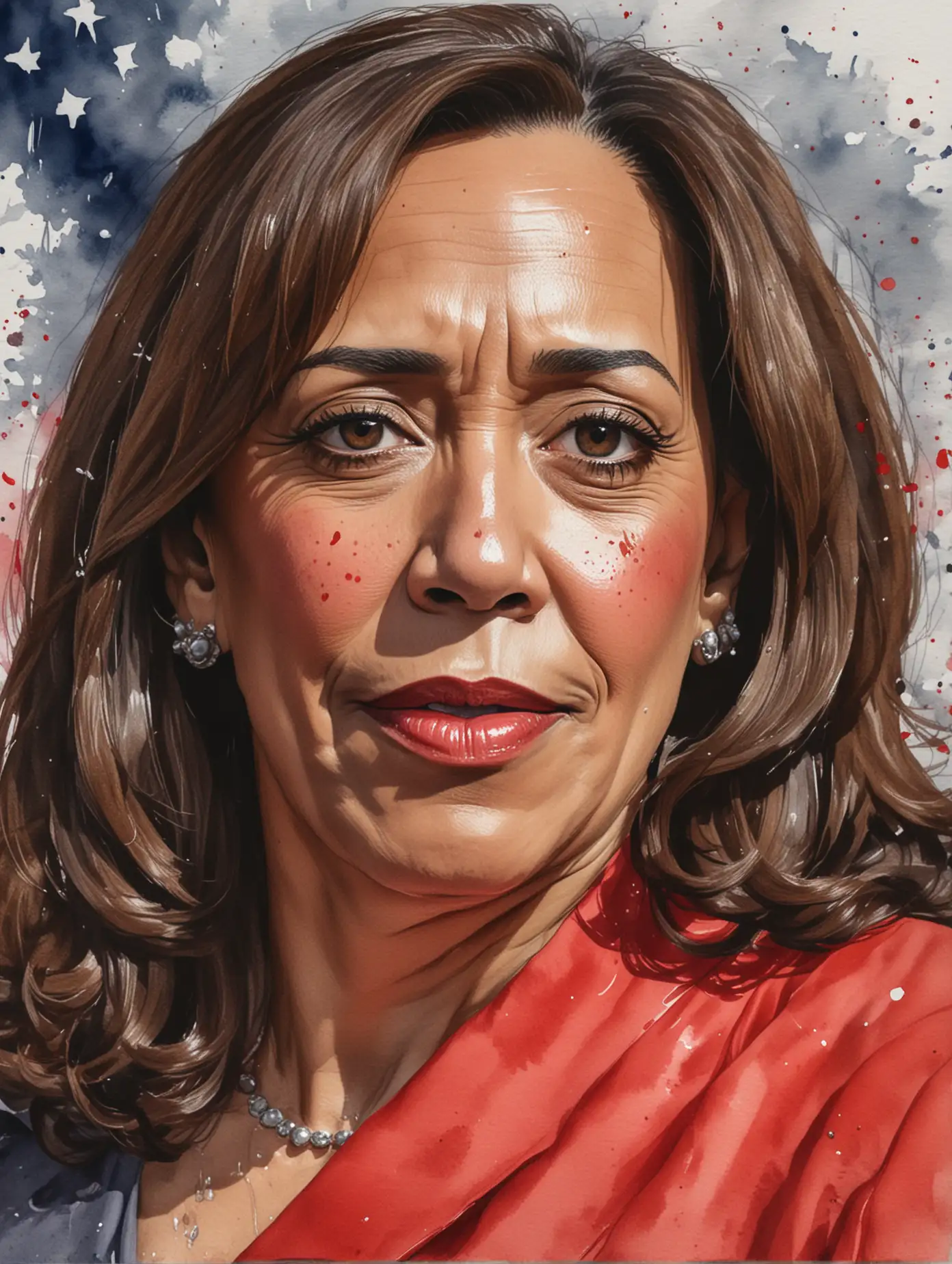 water color style, wearing a red dress, close-up, Vice President Kamala Harris with tears in her eyes