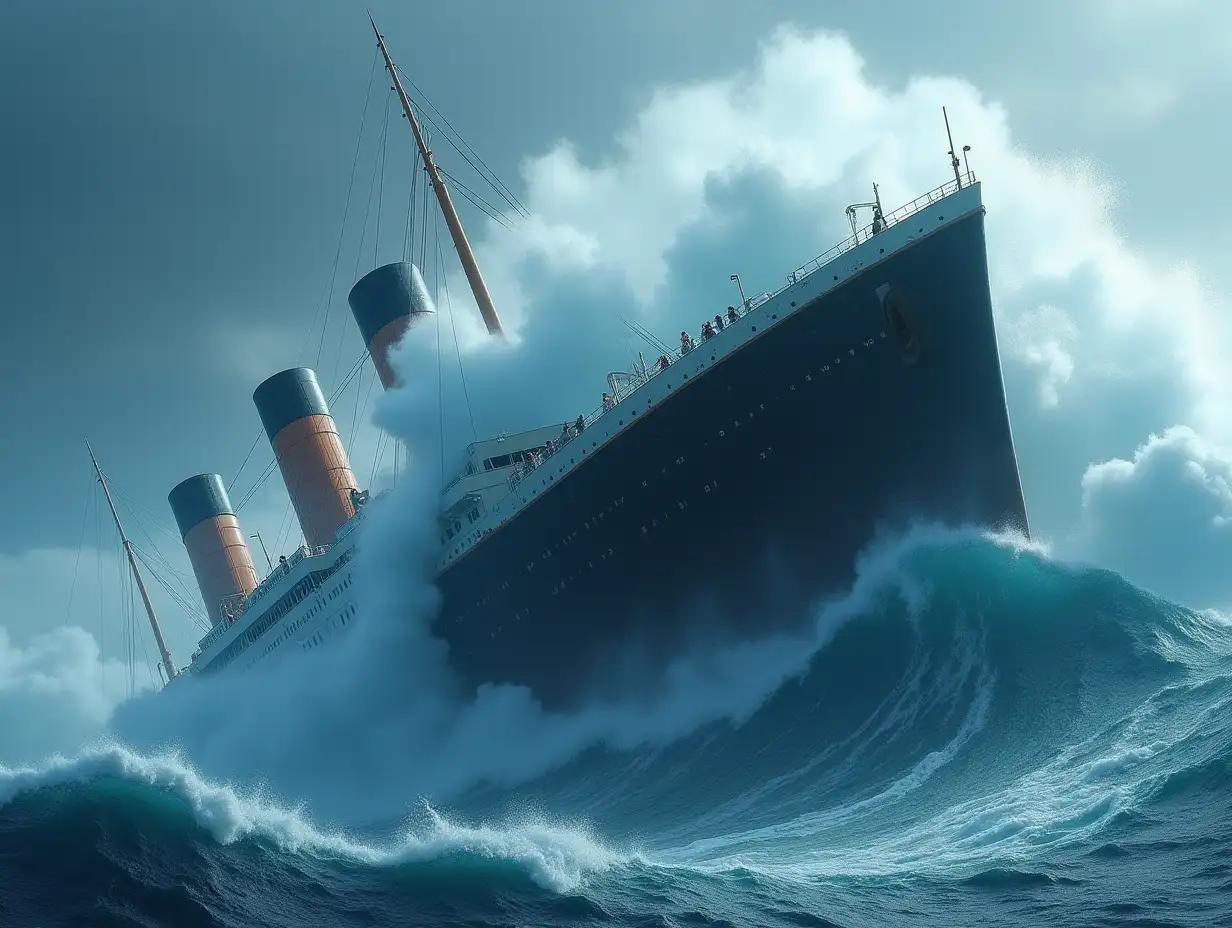 The titanic getting crushed by a giant wave and it sinking