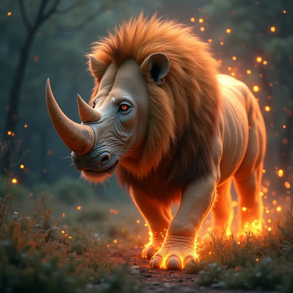 bright realistic fusion-hybrid lion and rhinoceros. high quality realism. cinematography.