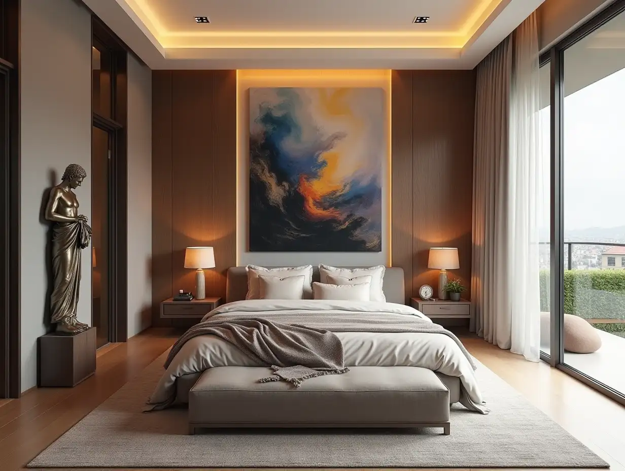 very large modern bedroom with statue and an abstract picture 180 degree panoramic shots 8K resolution colorful