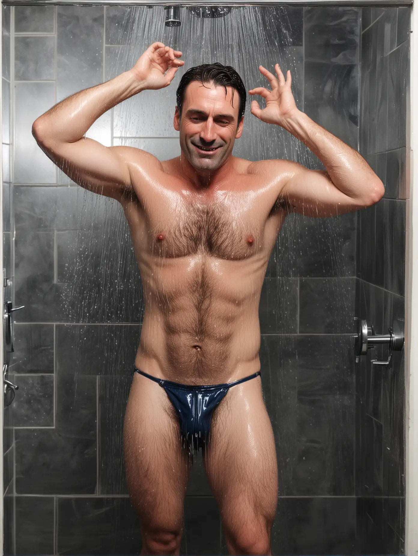 A hairy guy who looks a lot like Jon Hamm taking a hot shower in his black-tiled shower. Viewed from outside a partly fogged glass shower door. He's wearing a white Speedo with vertical dark blue lines, with arms raised and eyes closed.