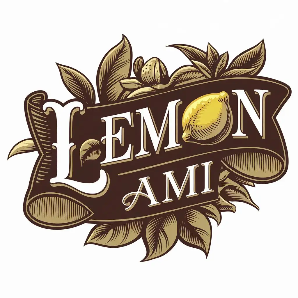 LOGO-Design-for-Lemon-AMI-Vintage-Style-Lemon-with-Leaves-and-Flowers-for-Glass-Bottle