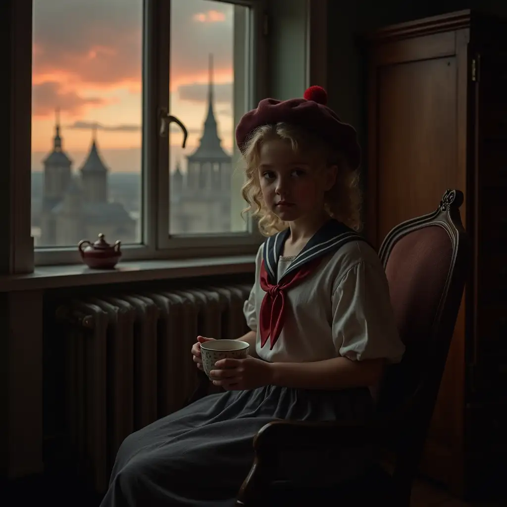 Portrait of a mischievous, slightly plump teenage girl with a cup of tea, she looks at us slyly, sitting in a soviet room of the 1920s, she is dressed in a vintage sailor suit and a beret with a red pompom, she has pale delicate skin and light curly hair, and a pockmarked face. Dark cozy room with shabby old art deco furniture and a large antique chest of drawers, outside the window a view of the cityscape of the early 1920s with empire buildings in the late twilight, glowing clouds illuminated by an ominous red light, a fairytale mysterious atmosphere, cinematic art photography of excellent quality