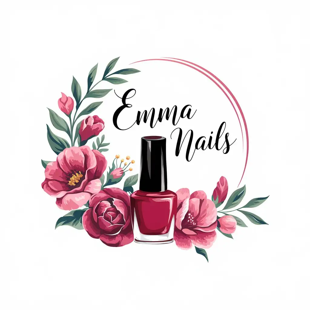 LOGO Design For Emma Nails Circular Red Nail Polish Bottle Among Flowers in Watercolor