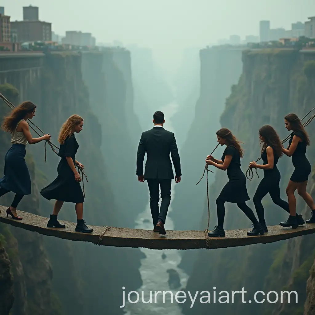Man-in-Black-Suit-Walking-on-Suspended-Bridge-Over-Void-with-Women-Trying-to-Catch-Him