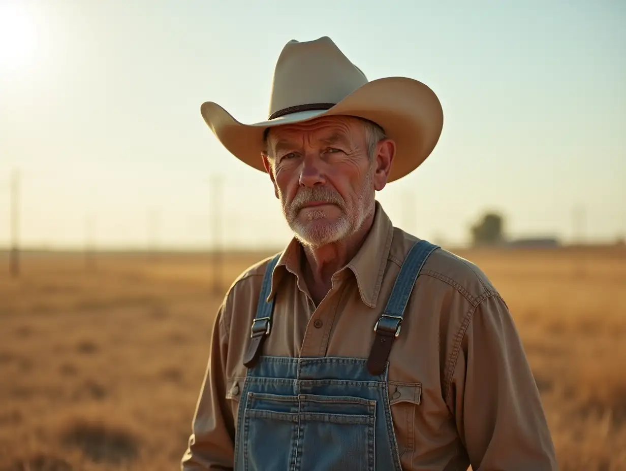 an old  farmer standing on the open farmland, looking at the camera, wearing farm clothes and a cowboy hat, texan farmer. daylight, his expression is squinty eyes but serious due to sunlight