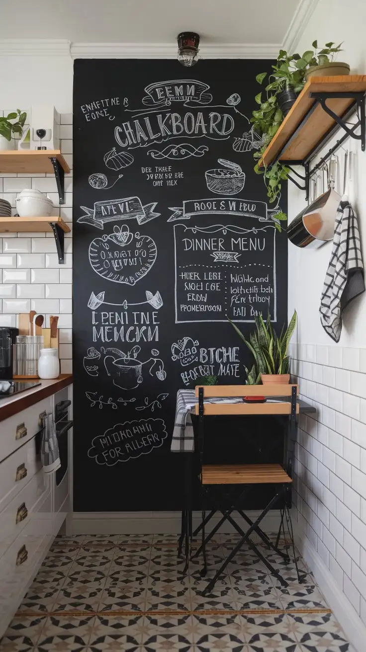 Stylish-Kitchen-Corner-with-Chalkboard-Wall-Doodles-and-Evening-Dinner-Menu