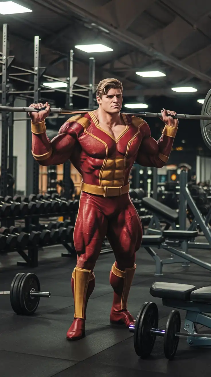 Superhero possesses ultra brawn. Reverent mood. Inside an empty gym at night. Photorealistic.