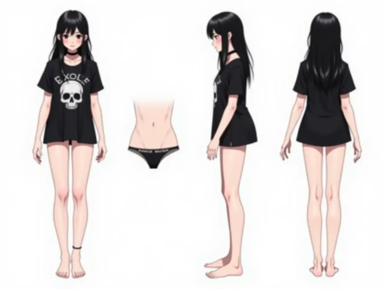 A full-body character sheet of a Gothic-style young adult woman with long black hair. She is wearing a black t-shirt with a skull logo, a choker around her neck, and small black thong. She is barefoot. The background is white.