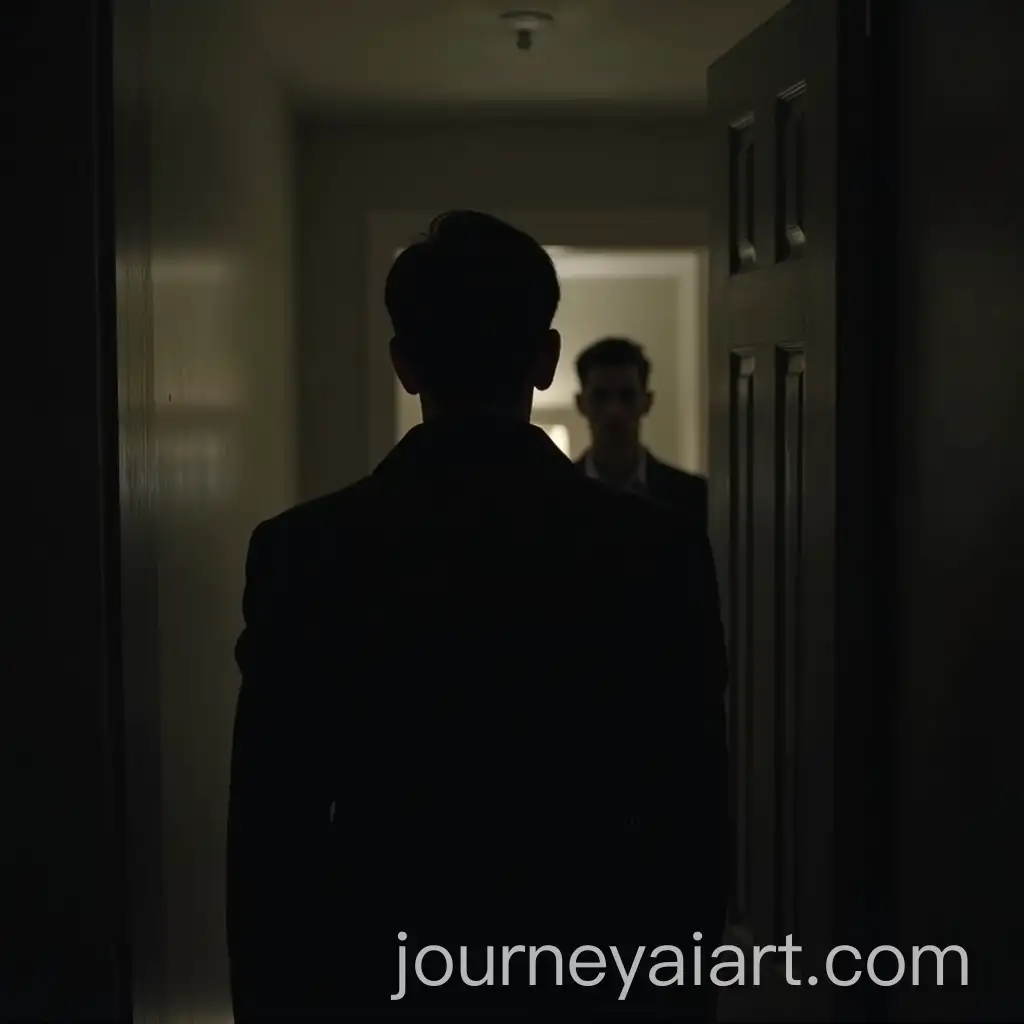 Man-Closing-Door-with-Creepy-Figure-Reflected-in-Mirror