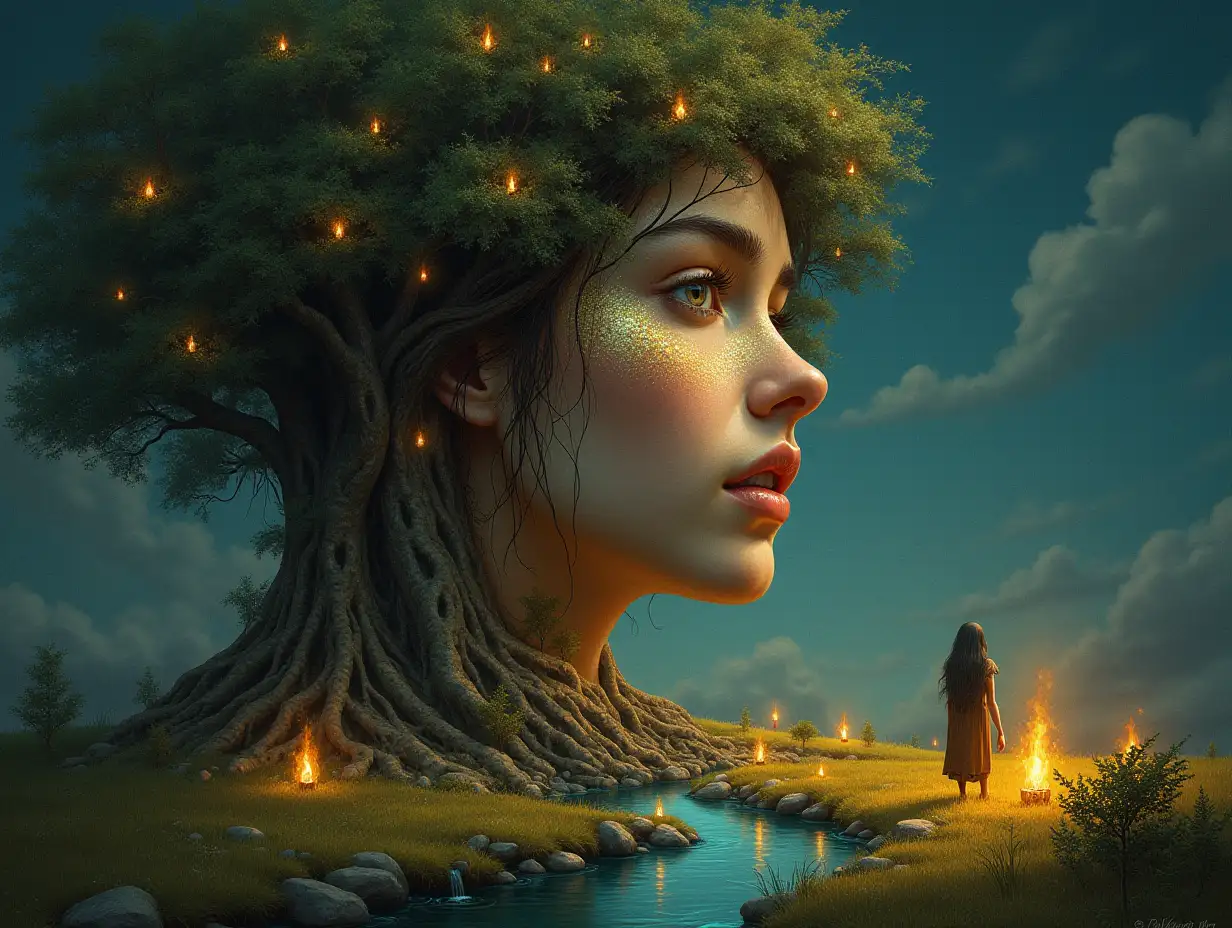 Creating a digital painting of a face with hair, that turns into a building with gold stones and lit trees with roots river and lanterns and strange fairy creatures on a meadow