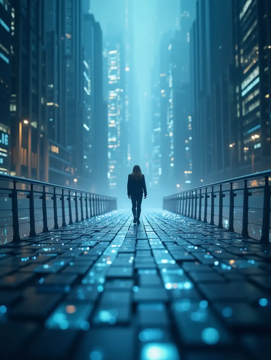 A futuristic scene showing a digital bridge made of floating data blocks connecting a law office to the online world. A lawyer is confidently walking across. Soft lighting, inspiring and techy.