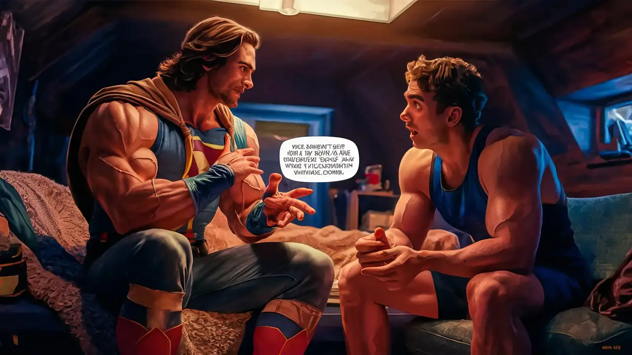 Superpowered-Muscle-Hero-Discussing-New-Abilities-with-Roommate-in-Apartment