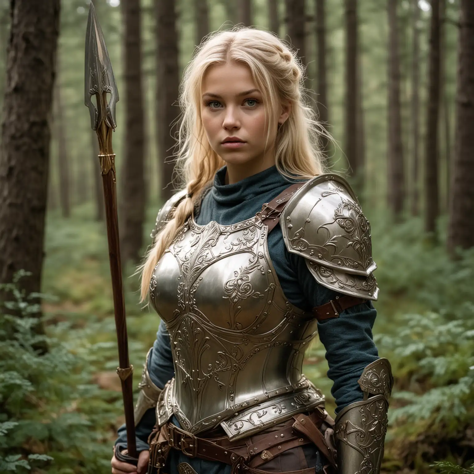 Scandinavian-Young-Adventurer-in-Fantasy-Armor-with-Spear-in-Forest