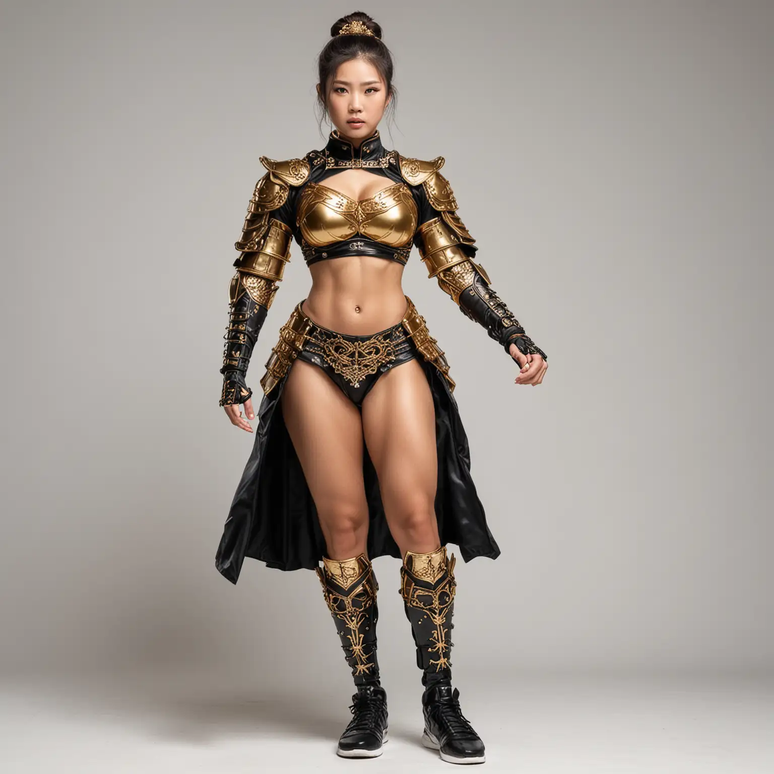 Strong Japanese Woman Body Builder in Gold SamuraiKnight Armor