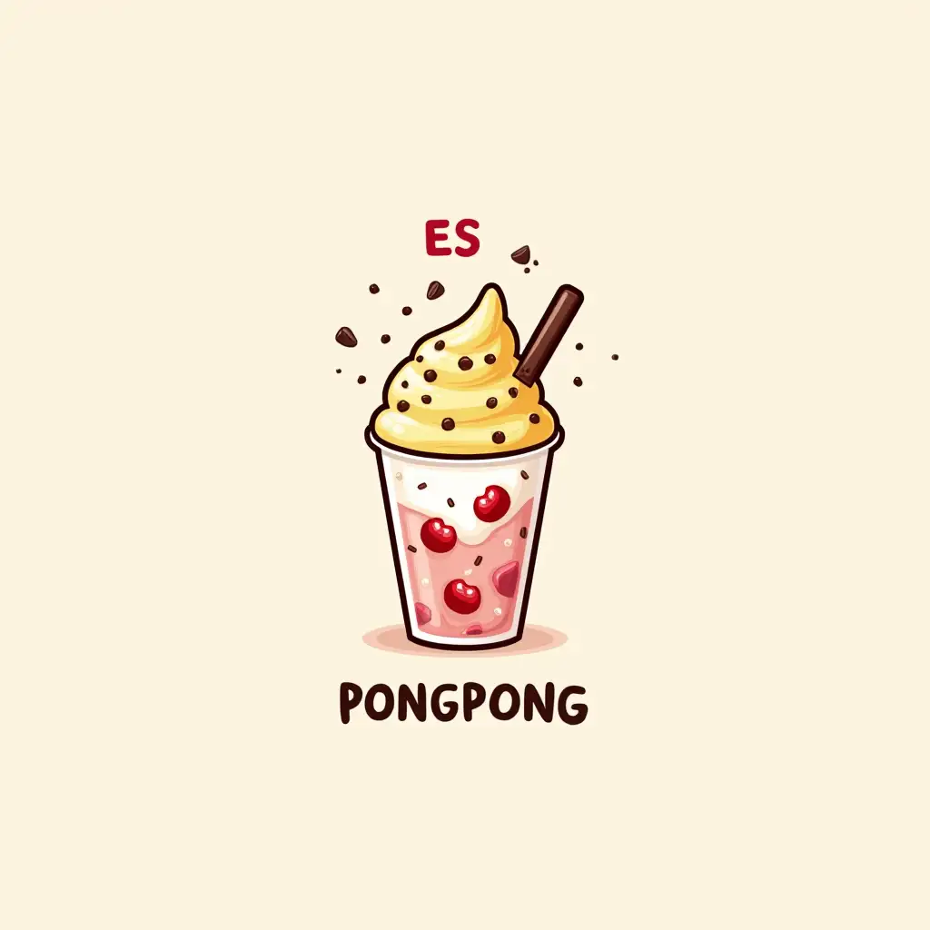 The cartoon image text logo reads 'ES PONGPONG', a picture of fruit ice in a take away glass containing small pieces of fruit mixed with white liquid milk and topped with ice cream and sprinkled with cheese flakes and chocolate chips.