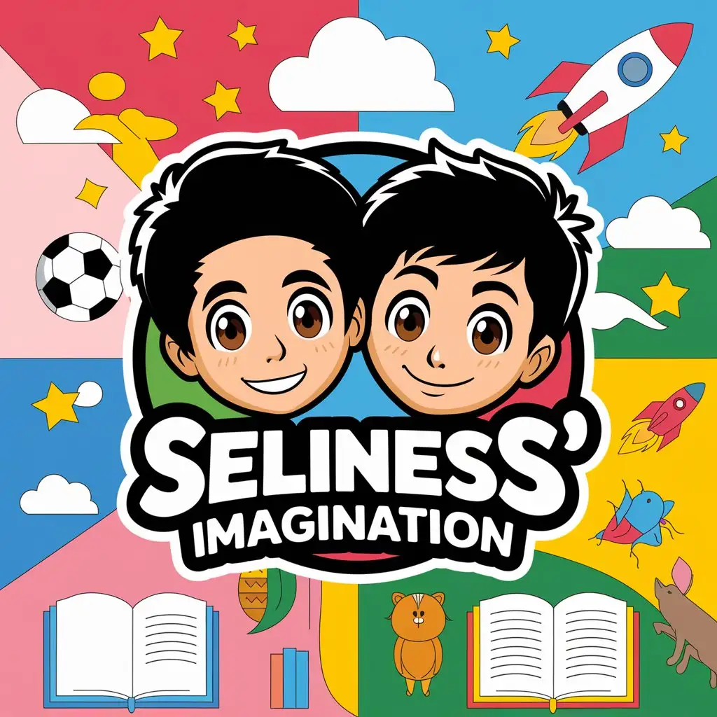 a vector logo design,with the text "SeliNess'imagination", main symbol:two smiling animated characters (representing brothers) manga style brown eyes black hair for both on a colored background with elements such as stars, rocket, clouds, soccer ball, open books, animals, giving impression of a magical world with SeliNess' imagination in big funny and colorful letters,complex,clear background