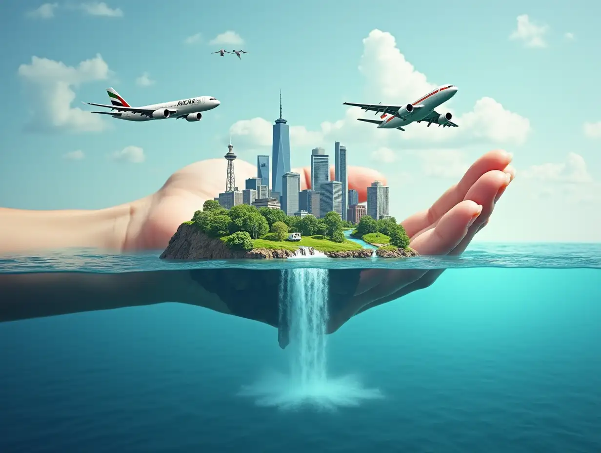 A hand stretched out with a city, airplanes and a waterfall in the hand and underneath the sea