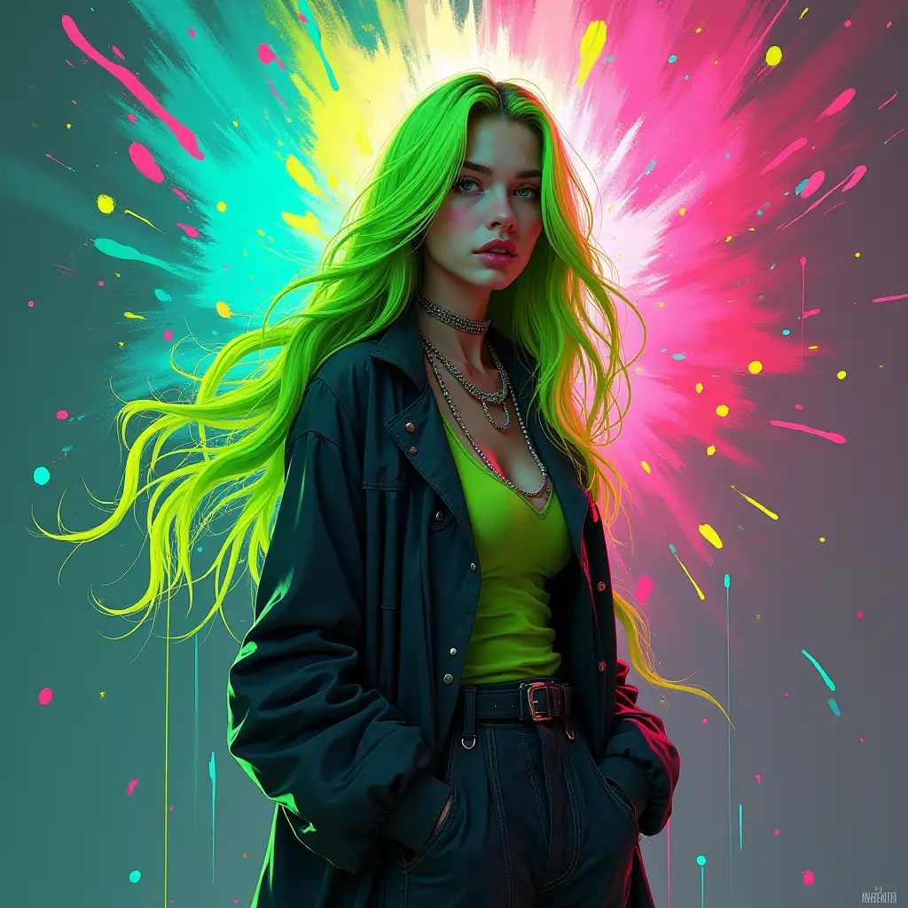 Billie Eilish, American singer-songwriter, standing confidently with neon green hair flowing, vibrant paint splashes in the background that match her signature colors, with brush strokes forming abstract musical notes around her, in a studio with bright lights and a spotlight on her, the mood is bold and rebellious, Artwork, digital painting with dynamic brushstrokes, --ar 16:9 --v 5