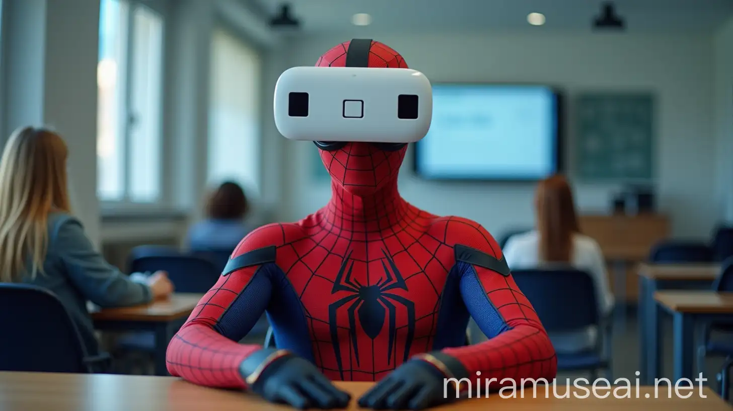 Spider Man Using White VR Headset in Classroom with Building Background