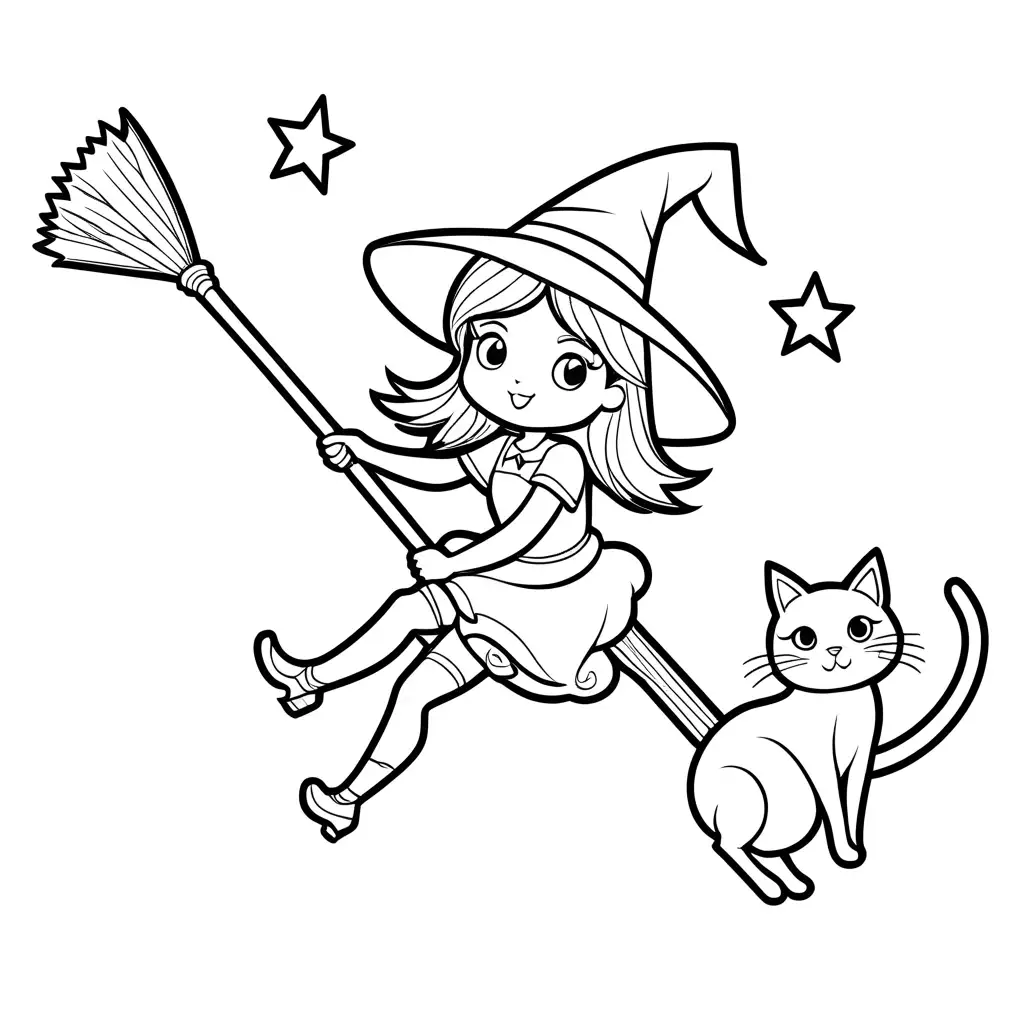 Cute-Witch-Riding-Broomstick-with-Black-Cat-Coloring-Page