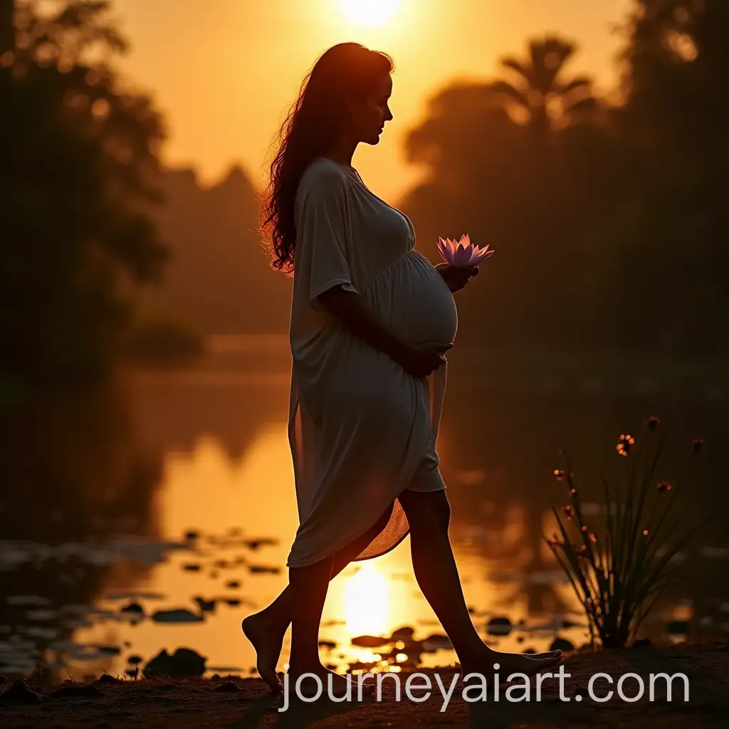 Heavily-Pregnant-Woman-Strolling-Along-Village-Riverbank-at-Sunset