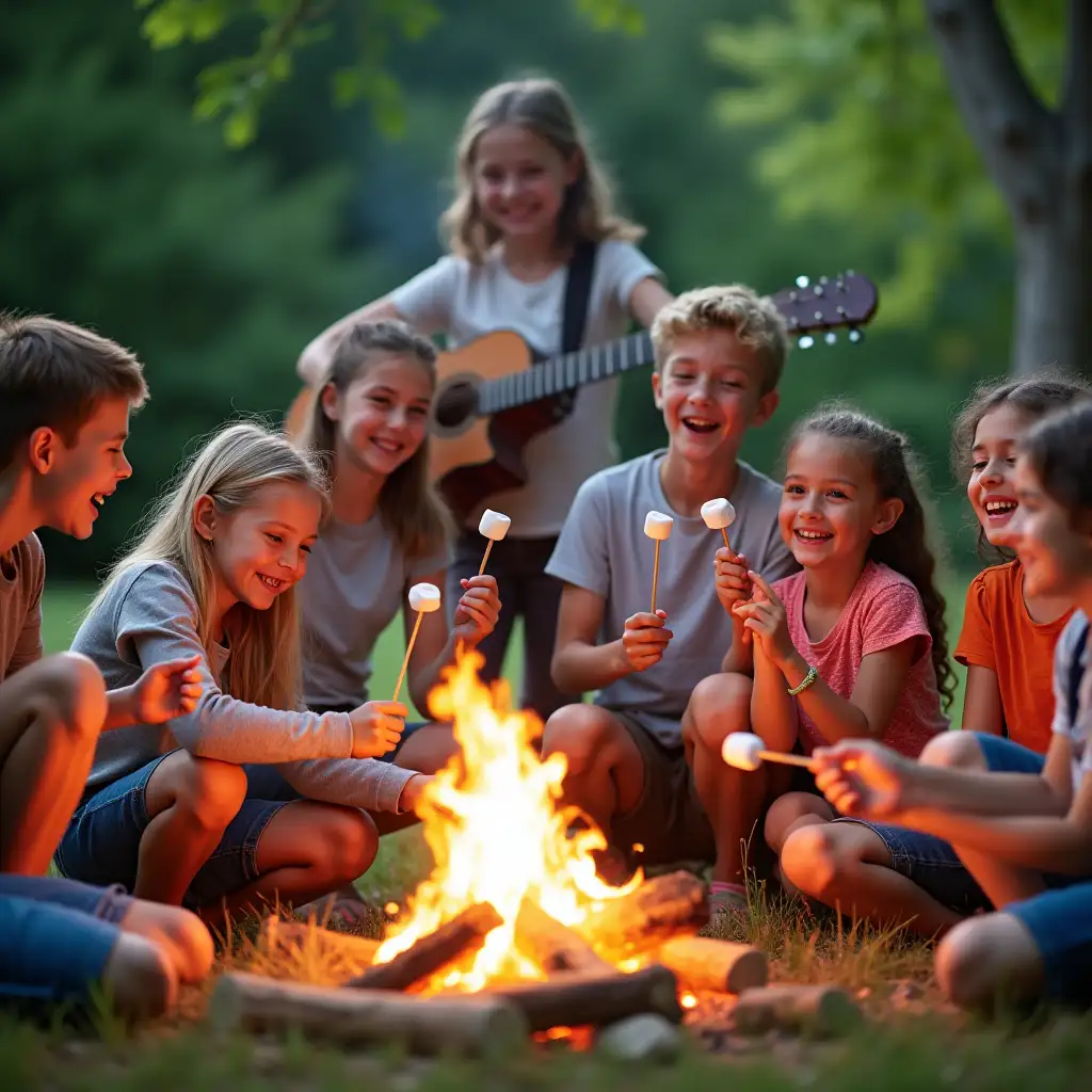 Children-and-Adults-Enjoying-a-Joyful-Campfire-in-a-Lush-Outdoor-Setting