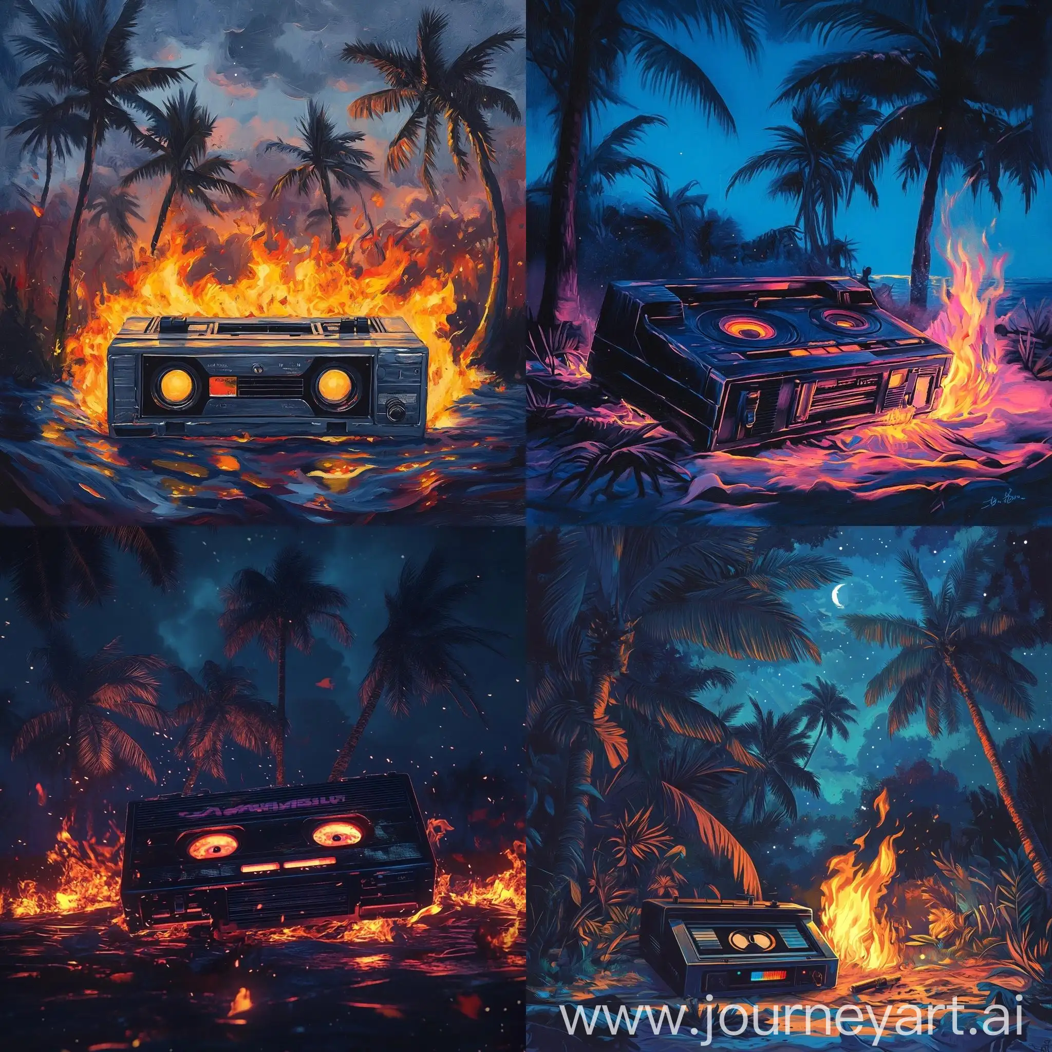 Vintage-Cassette-Tape-Player-Night-Scene-with-Palm-Trees-and-Fire