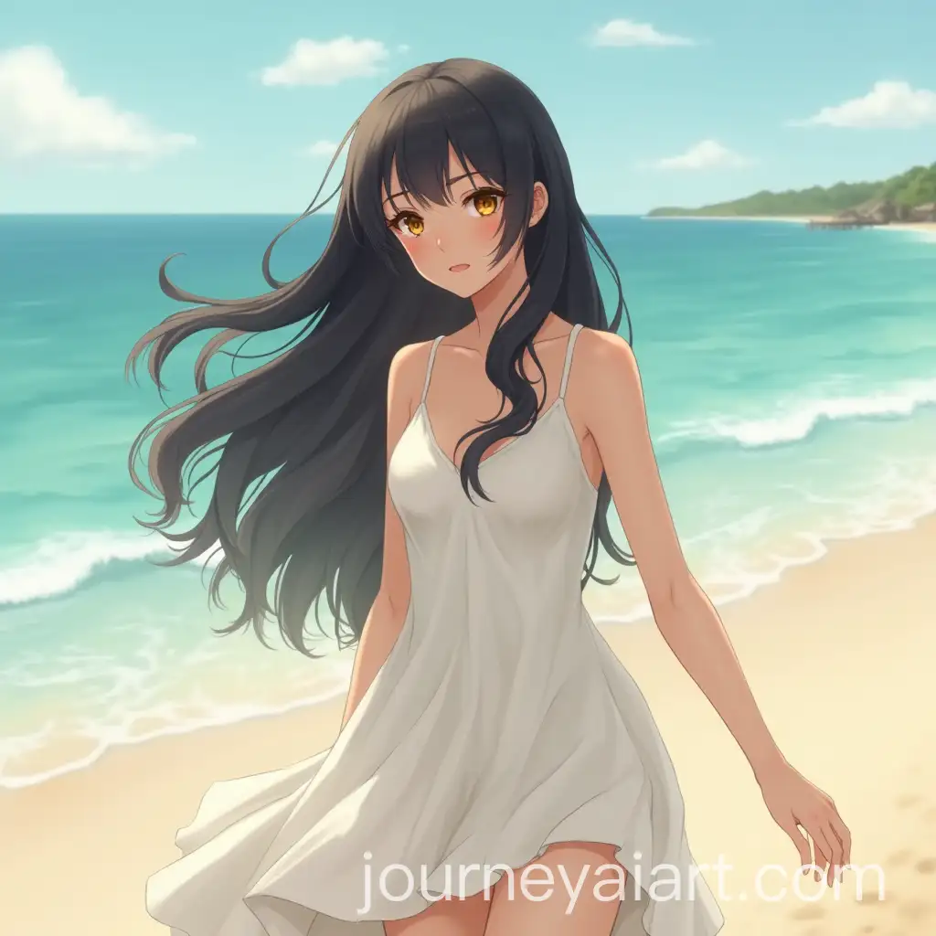 Girl-with-Long-Black-Hair-Walking-on-Beach-in-White-Dress