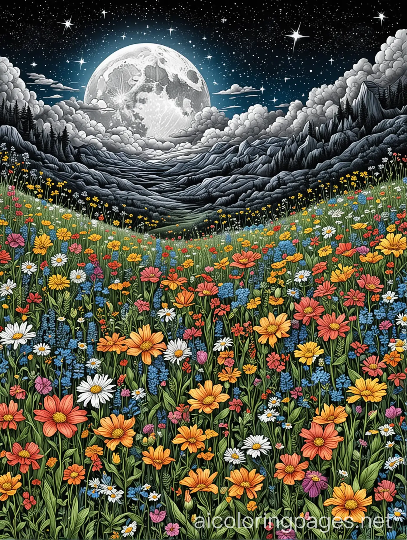 a beautiful field of wildflowers, brightly colored, close up in the moonlight on a clear starry night, very colorful, dramatic lighting and coloring, Coloring Page, black and white, line art, white background, Simplicity, Ample White Space. The background of the coloring page is plain white to make it easy for young children to color within the lines. The outlines of all the subjects are easy to distinguish, making it simple for kids to color without too much difficulty