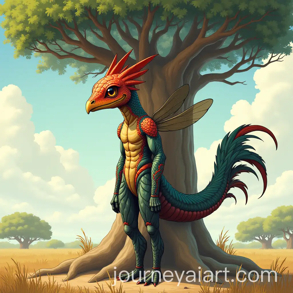 Mythical-Creature-with-Dragonfly-Head-Under-Baobab-Tree