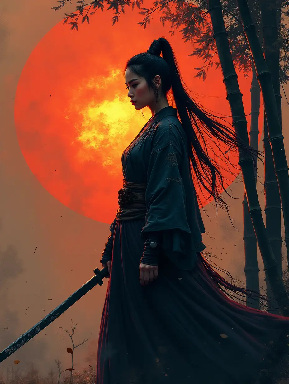 Asian-Warrior-Woman-with-Sword-at-Dusk-Surrounded-by-Bamboo-and-Black-Paint-Splatter