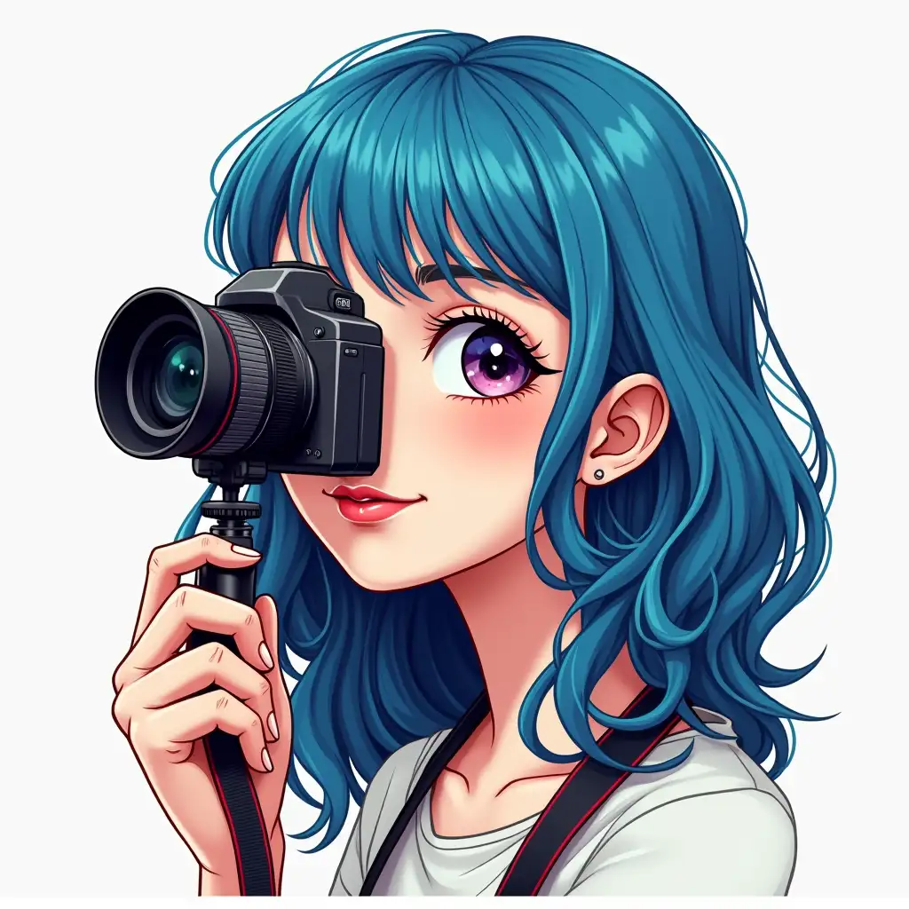 Creative emblem photographer, woman with blue hair. With camera. Realism