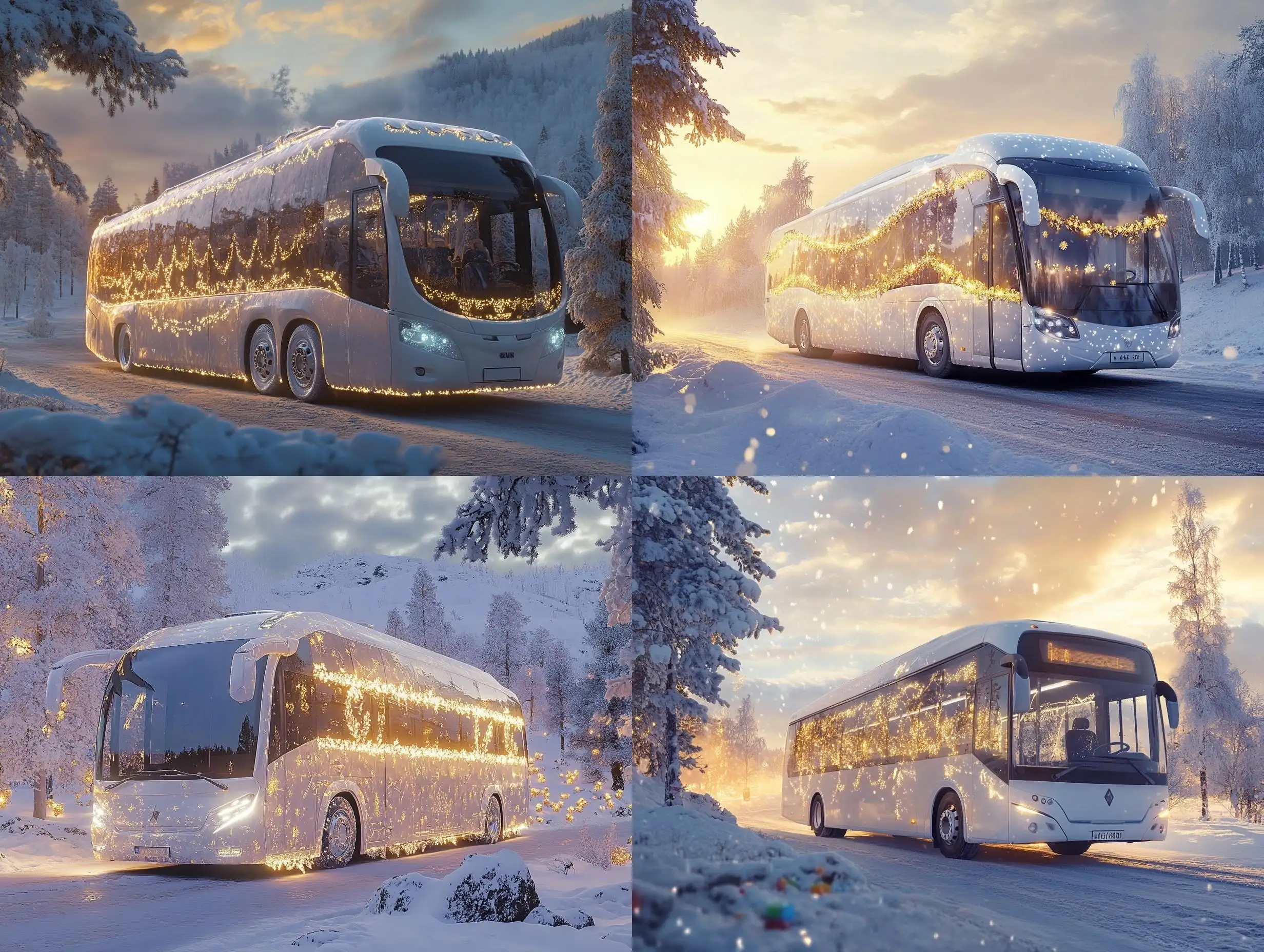 Magical-Ice-Bus-Traveling-on-a-Snowy-Mountain-Road-with-Golden-Decorations-at-Sunset