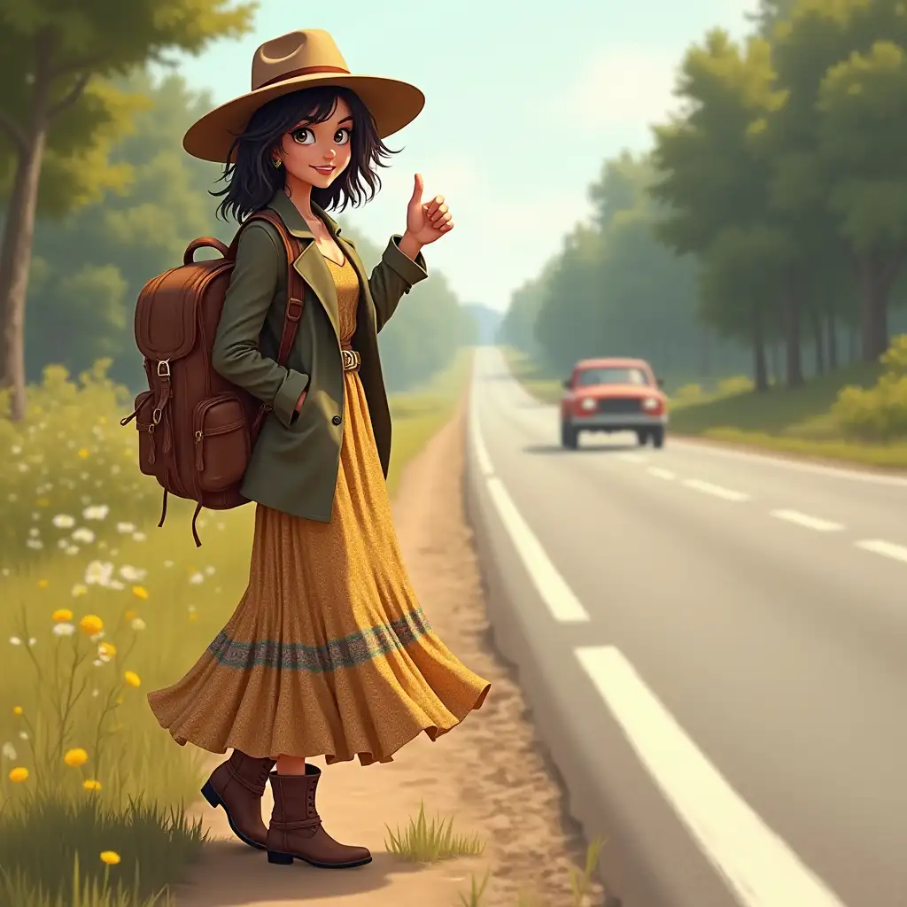 A digital artwork of a young woman, a backpacker, standing by a roadside hitchhiking. She is dressed in Bobo Chic fashion, with an eclectic mix of bohemian and bourgeois style. Her outfit features a flowy, patterned maxi dress layered with a tailored jacket, a wide-brimmed hat, and ankle boots. She has a large, stylish backpack slung over one shoulder. The background shows a rural road stretching into the distance with trees on either side. The lighting is natural, suggesting a late afternoon with warm, golden tones. Her pose is confident, with her thumb outstretched for hitchhiking.