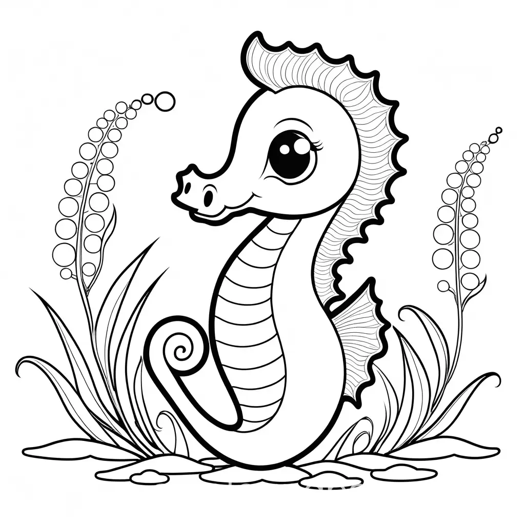 cute seahorse baby black and white for colouring for children, Coloring Page, black and white, line art, white background, Simplicity, Ample White Space. The background of the coloring page is plain white to make it easy for young children to color within the lines. The outlines of all the subjects are easy to distinguish, making it simple for kids to color without too much difficulty
