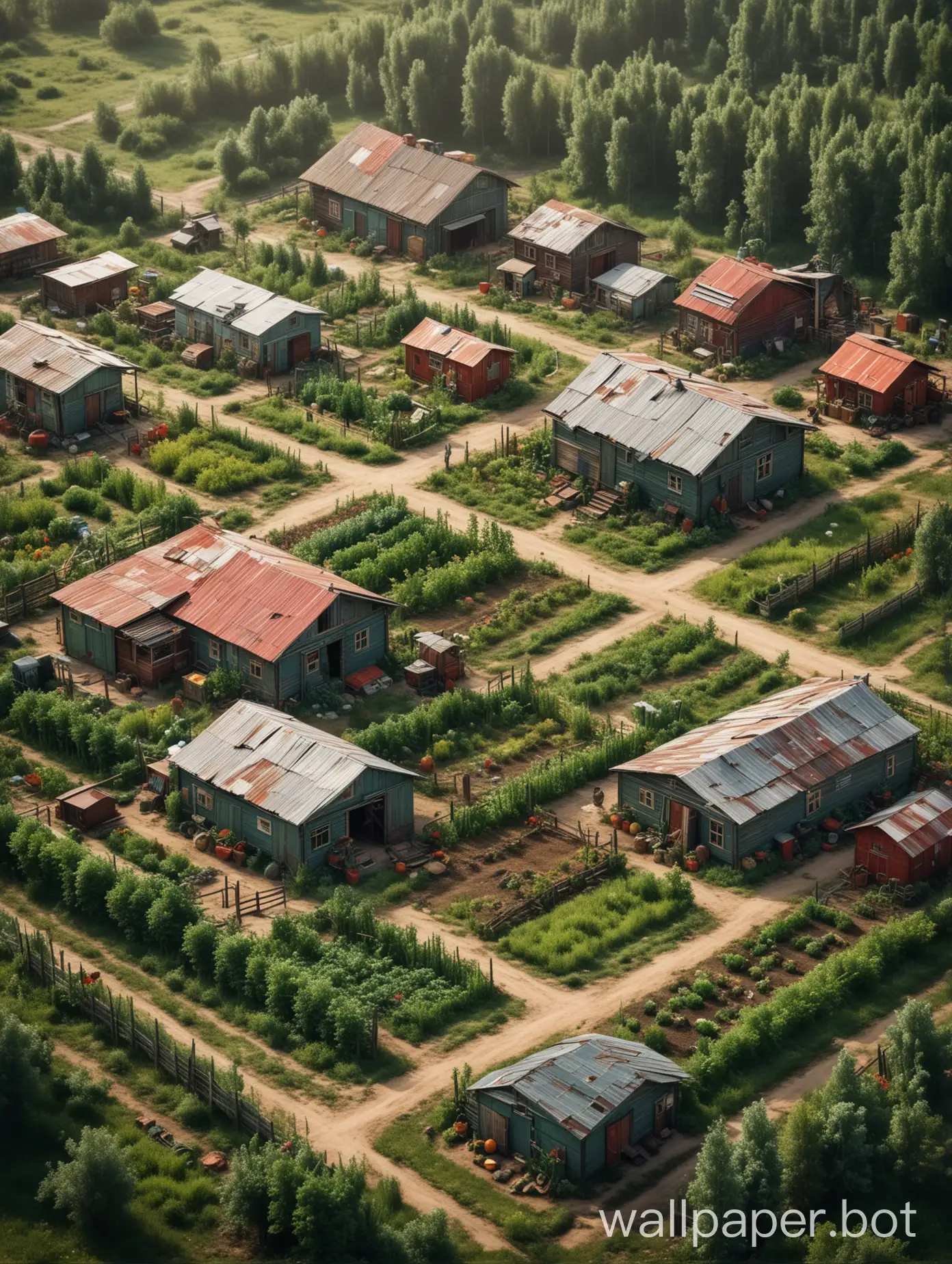 Russian cyber village in the style of the USSR. House, shed, vegetable garden and cowshed.