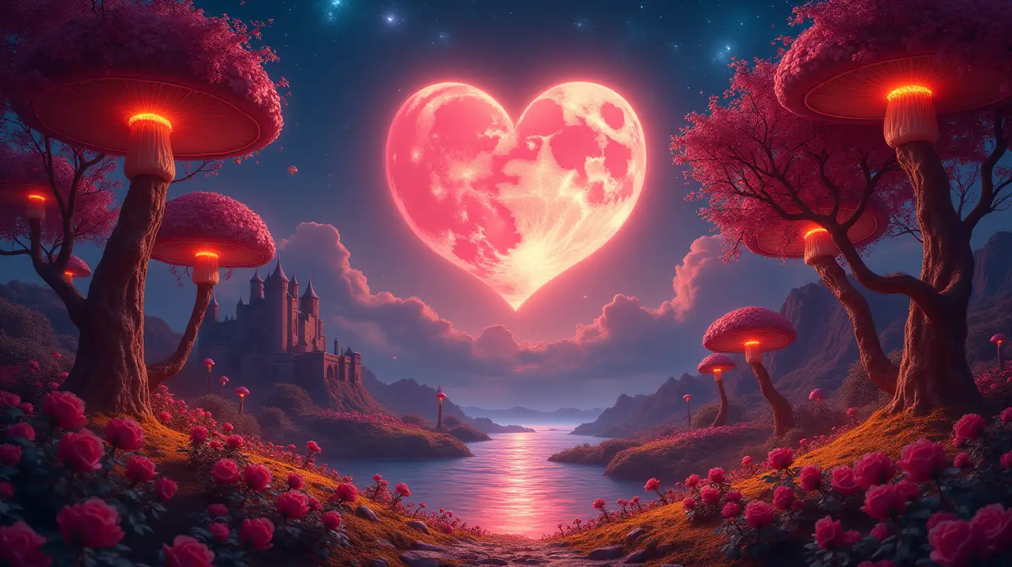 Enchanting HeartMoon Landscape with Glowing Elements and Magical Features