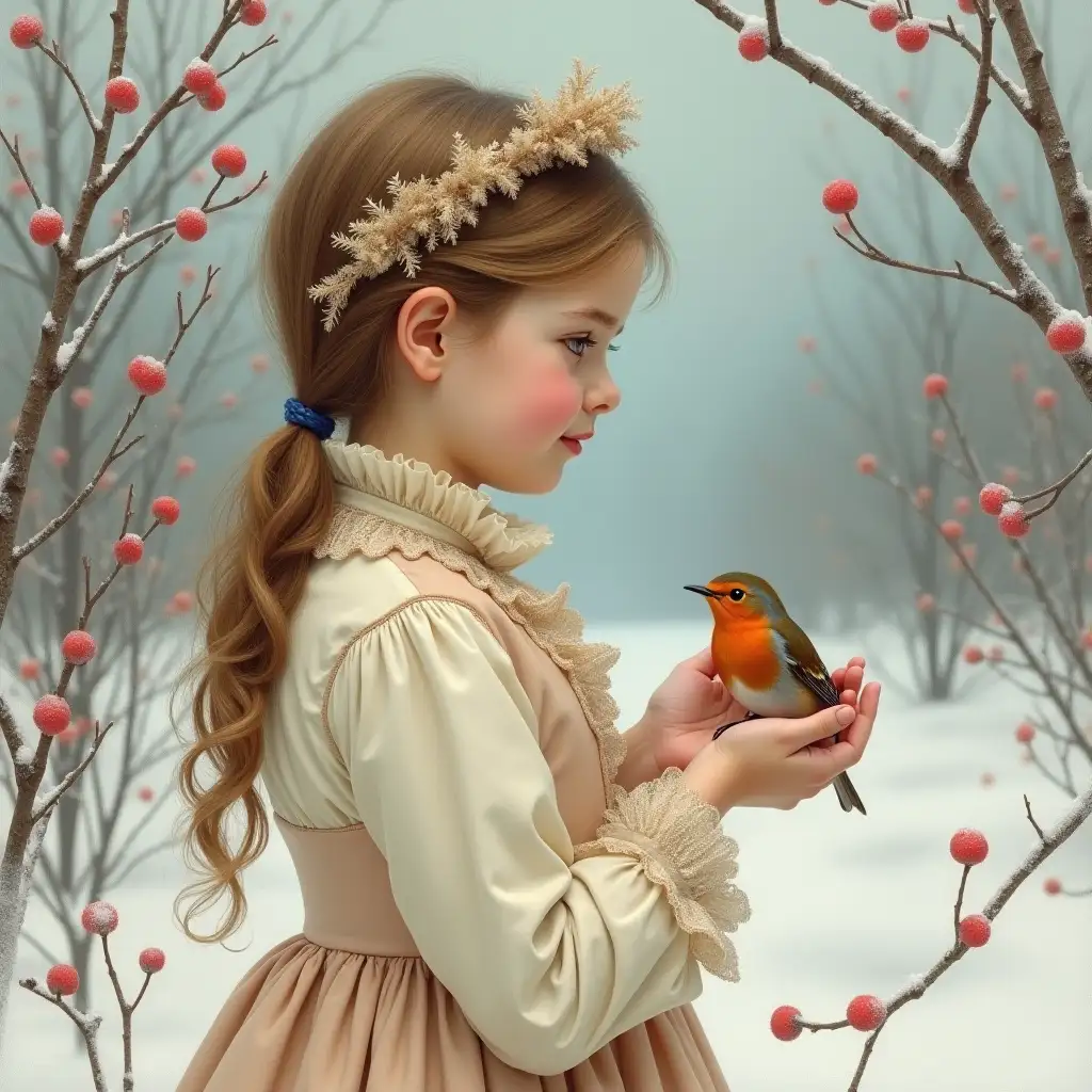 Young-Girl-Holding-Robin-Bird-in-Winter-Landscape-with-Victorian-Clothing