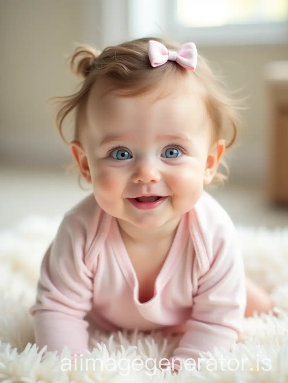 A smiling baby girl with big, bright blue eyes and a round face. She has soft, light brown hair with a small bow, chubby cheeks, and is wearing a pastel pink onesie. She’s sitting on a fluffy white blanket in a warmly lit room, with soft natural light highlighting her joyful expression.