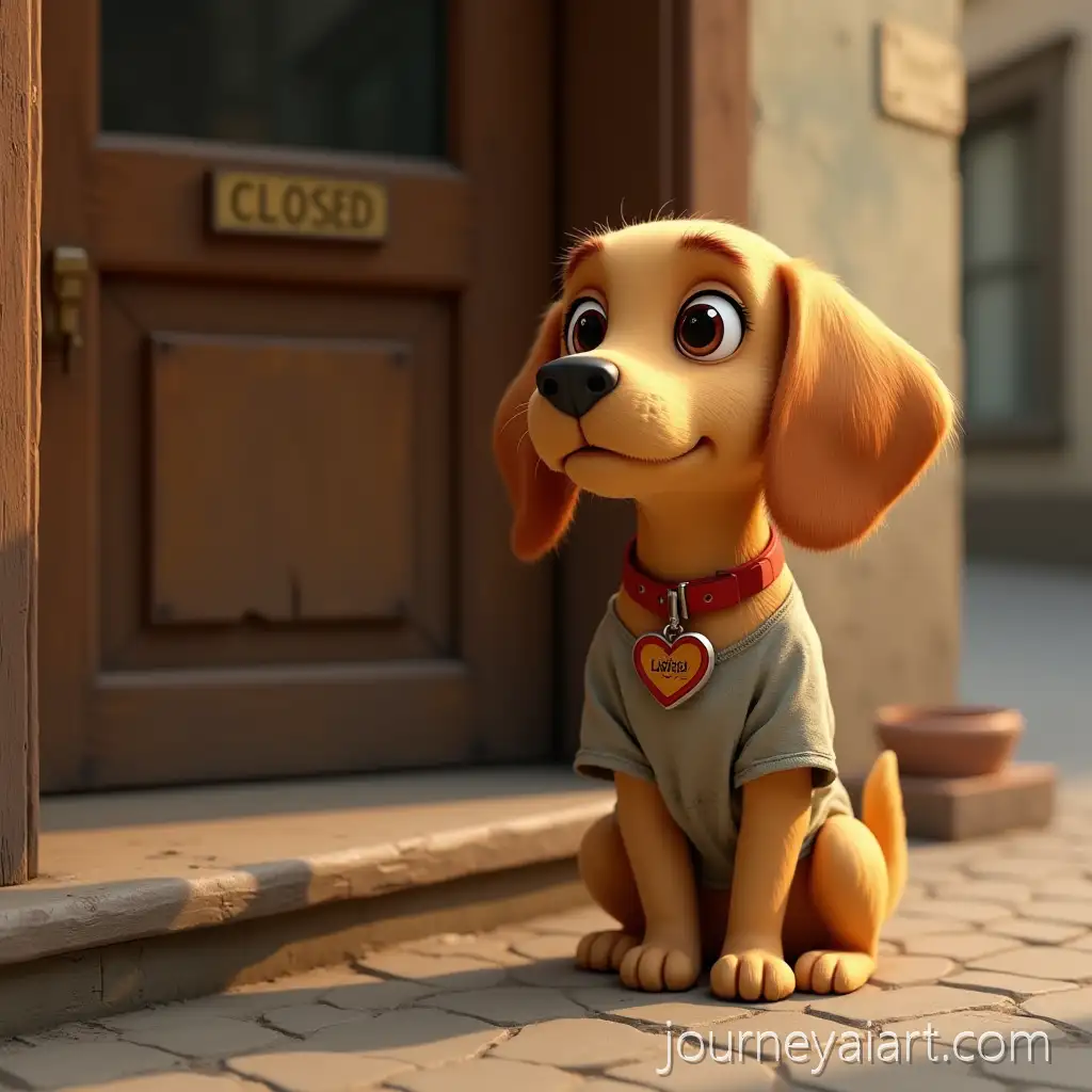 Adorable-Golden3Dstyle-golden-dog-Dog-in-a-Worn-TShirt-Sitting-by-Closed-Shop-with-Warm-Morning-Sunlight