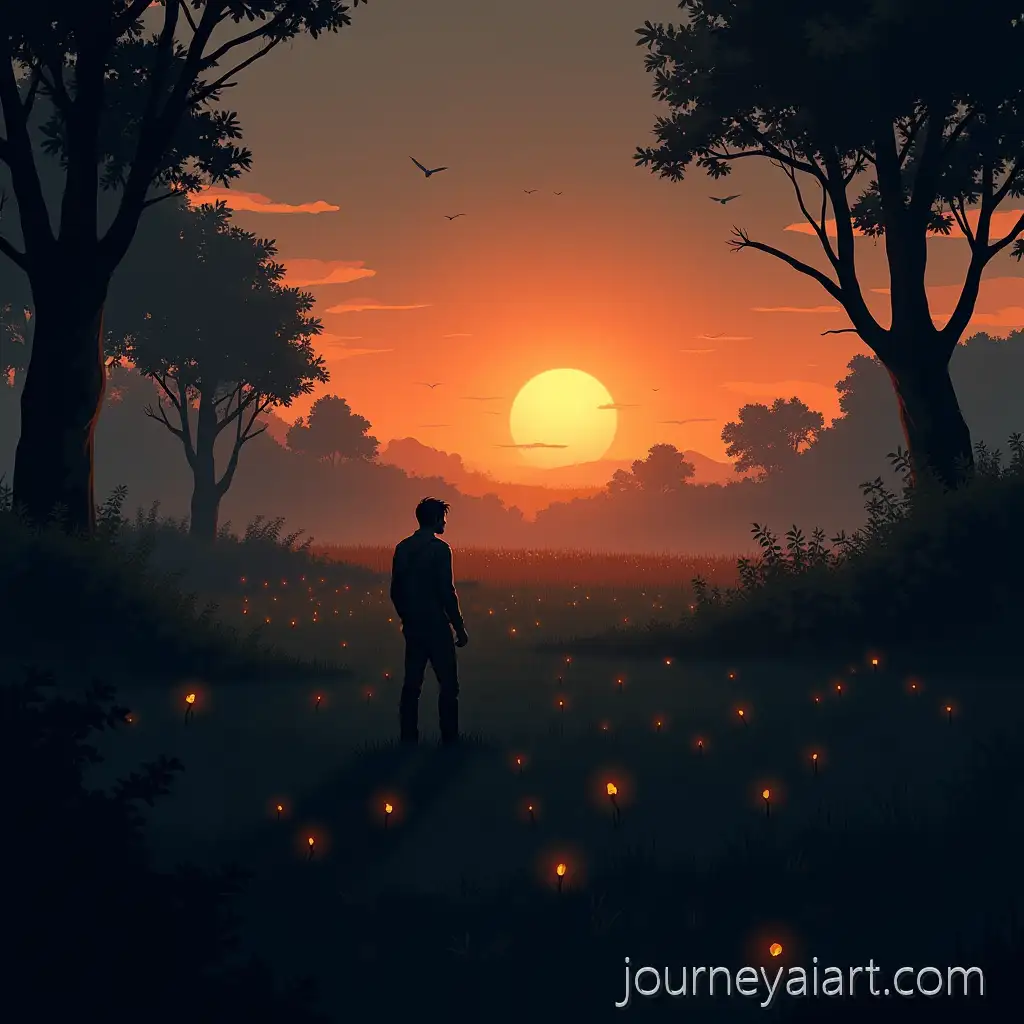 Mysterious-Rural-Sunset-Landscape-with-Eerie-Lights-and-Solitary-Figure-in-Cartoon-Style