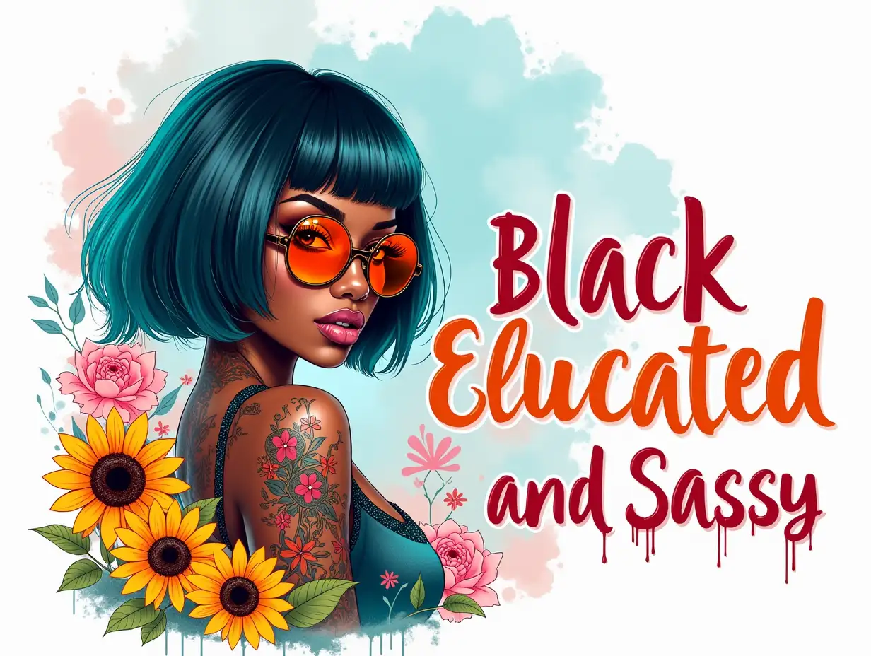 Vector illustration, Watercolor Art. A vibrant and empowering illustration featuring a confident Black woman with a stylish bob haircut, showcasing bold teal and pink highlights. She wears oversized round orange sunglasses and displays colorful tattoos on her arms and neck. The background is a lively blend of bright colors, including soft blues and splashes of pink, complemented by clusters of sunflowers and intricate floral designs. The text 'Black Educated and Sassy' is prominently displayed in a bold, elegant font, harmonizing with the overall aesthetic. The artwork embodies a mix of pop art and hyperrealism, with a focus on bold lines and vivid colors, evoking feelings of strength and individuality. Dripping paint effects in various colors add a dynamic touch to the composition.