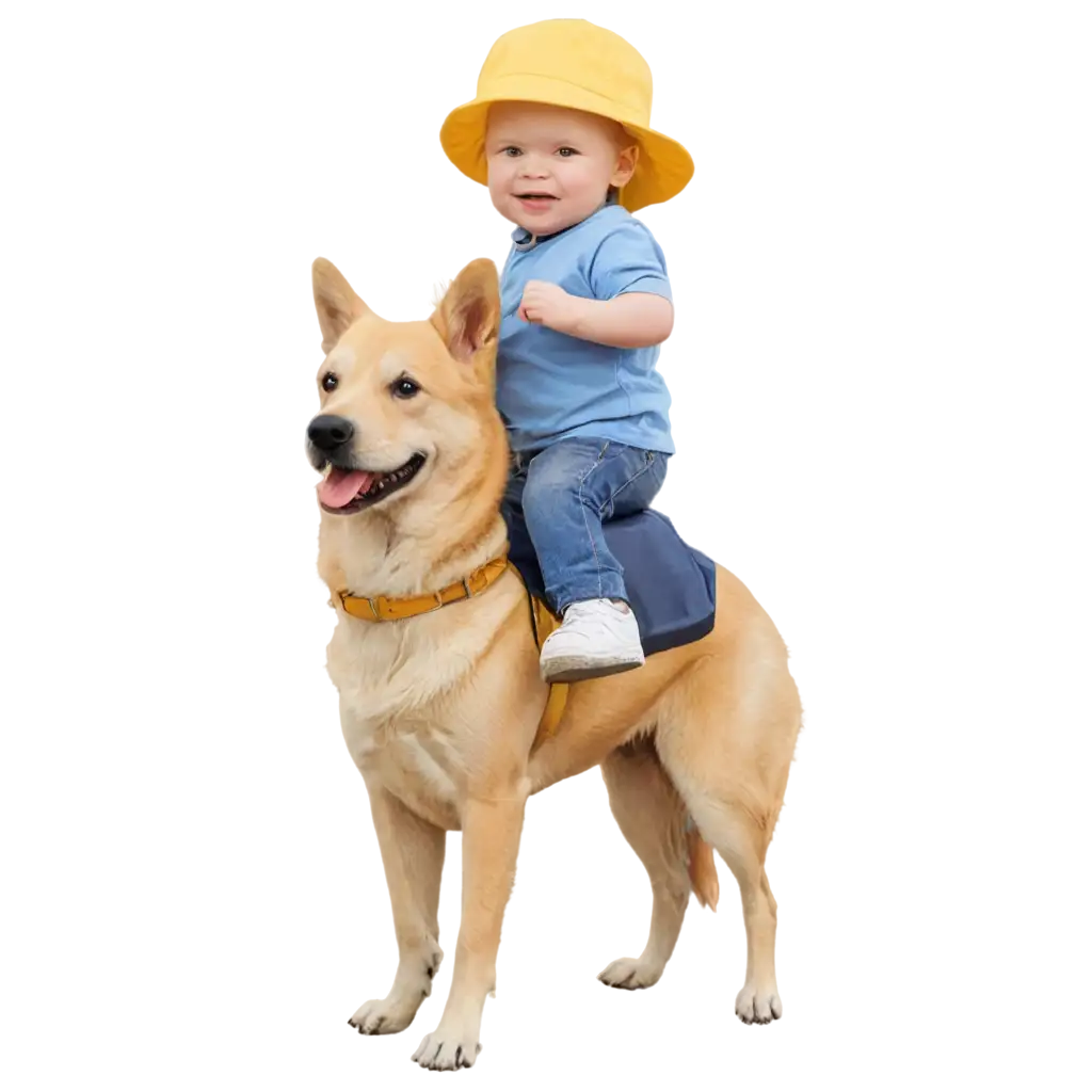 Create one whose laughing with dog and baby wearing  blue shirt or paint and yellow cap and dog  wearing same clothes and the charming background